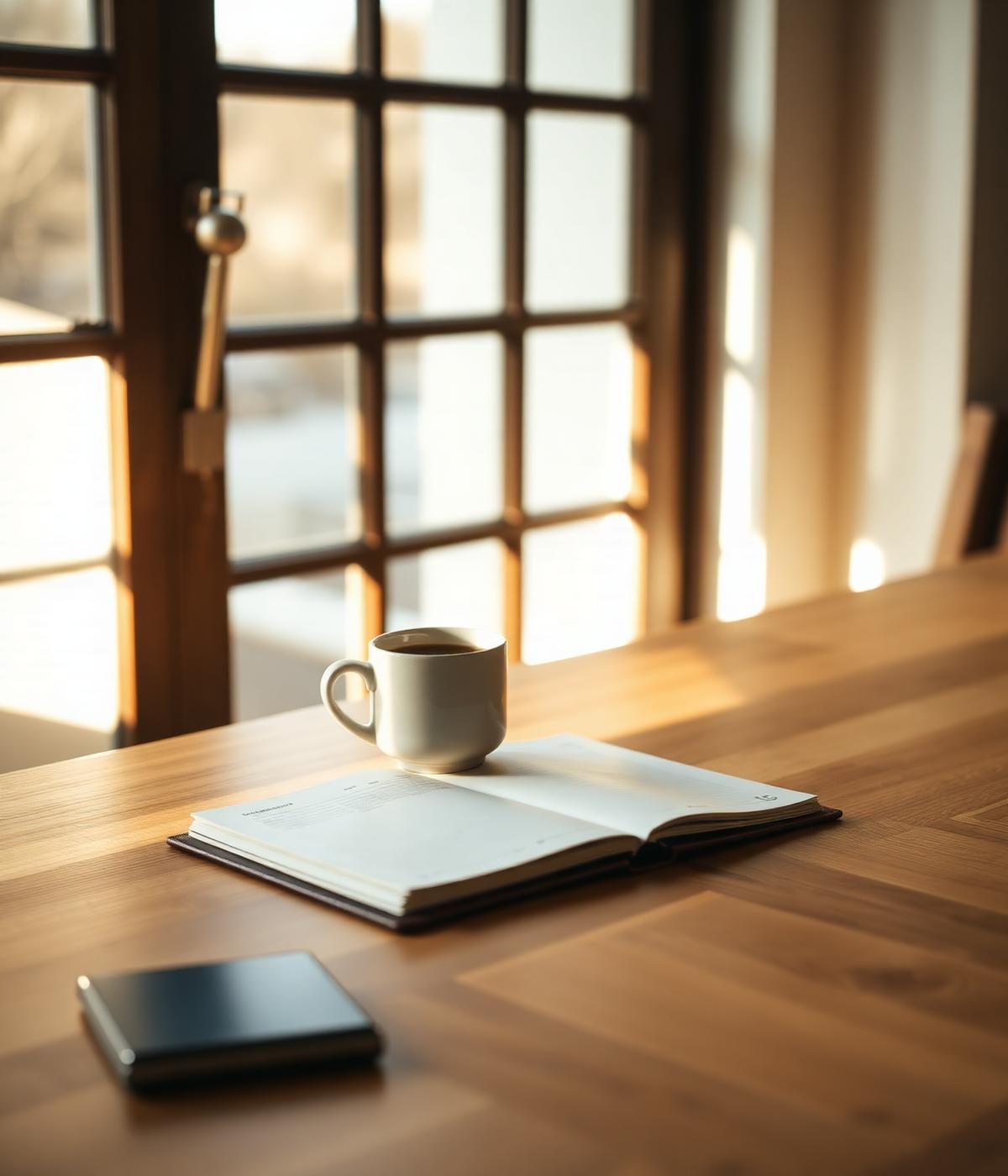 A warm, sunlit oak desk with a ceramic coffee mug and an open leather planner